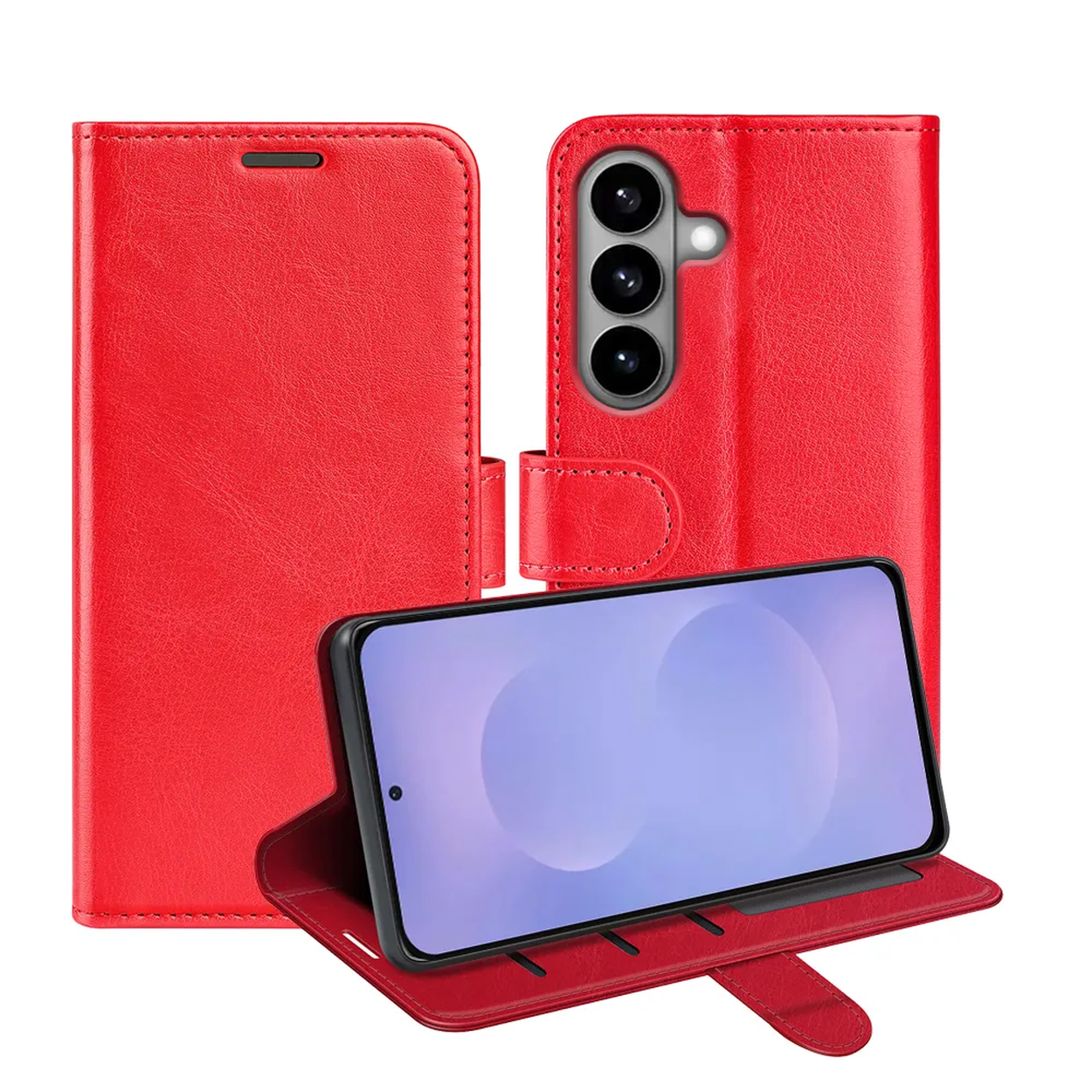 Rode flip telefoonhoes met staande smartphone en drie cameralenzen.