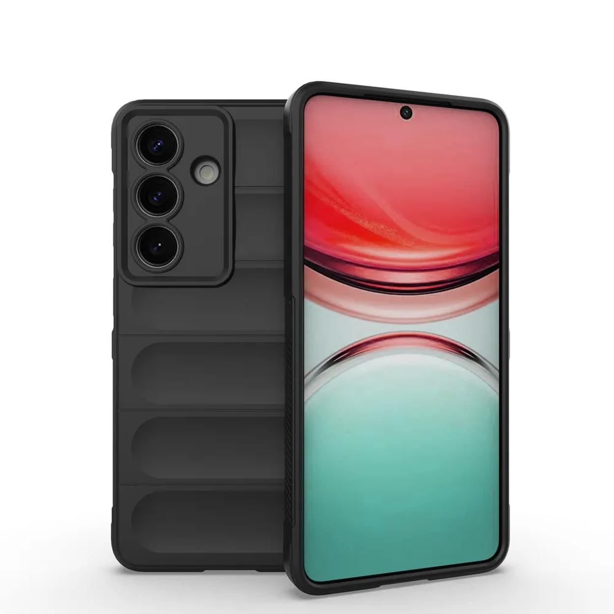 Zwarte telefoonhoes met drie camera's, scherm toont gestileerde rode en groene achtergrond.