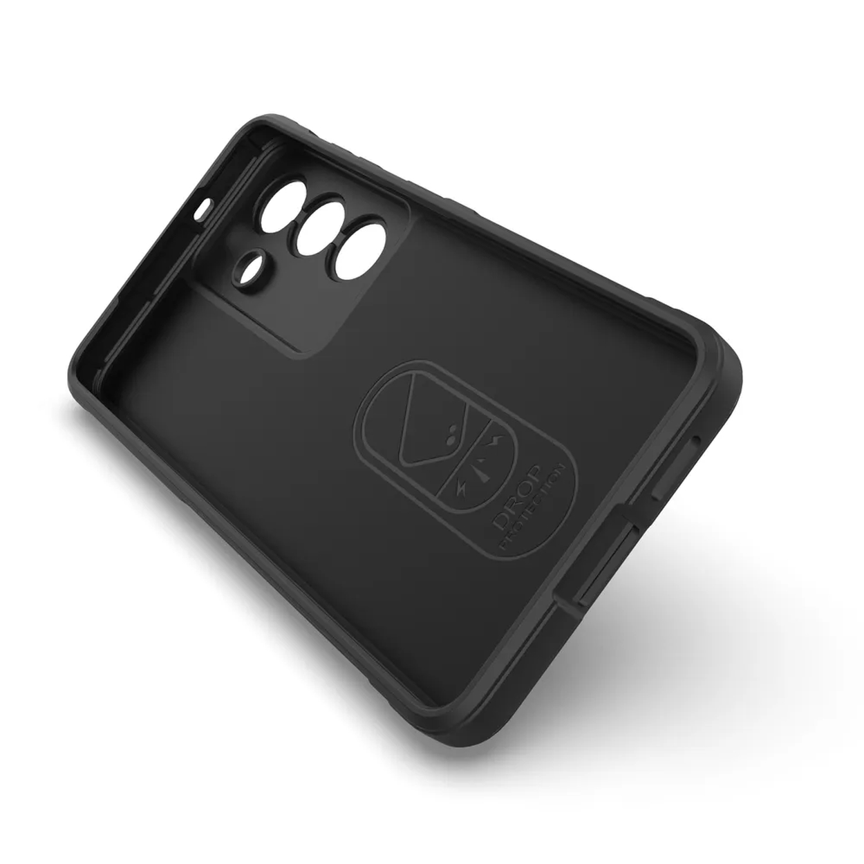 Zwarte telefoonhoes met uitsparingen voor camera en knoppen.