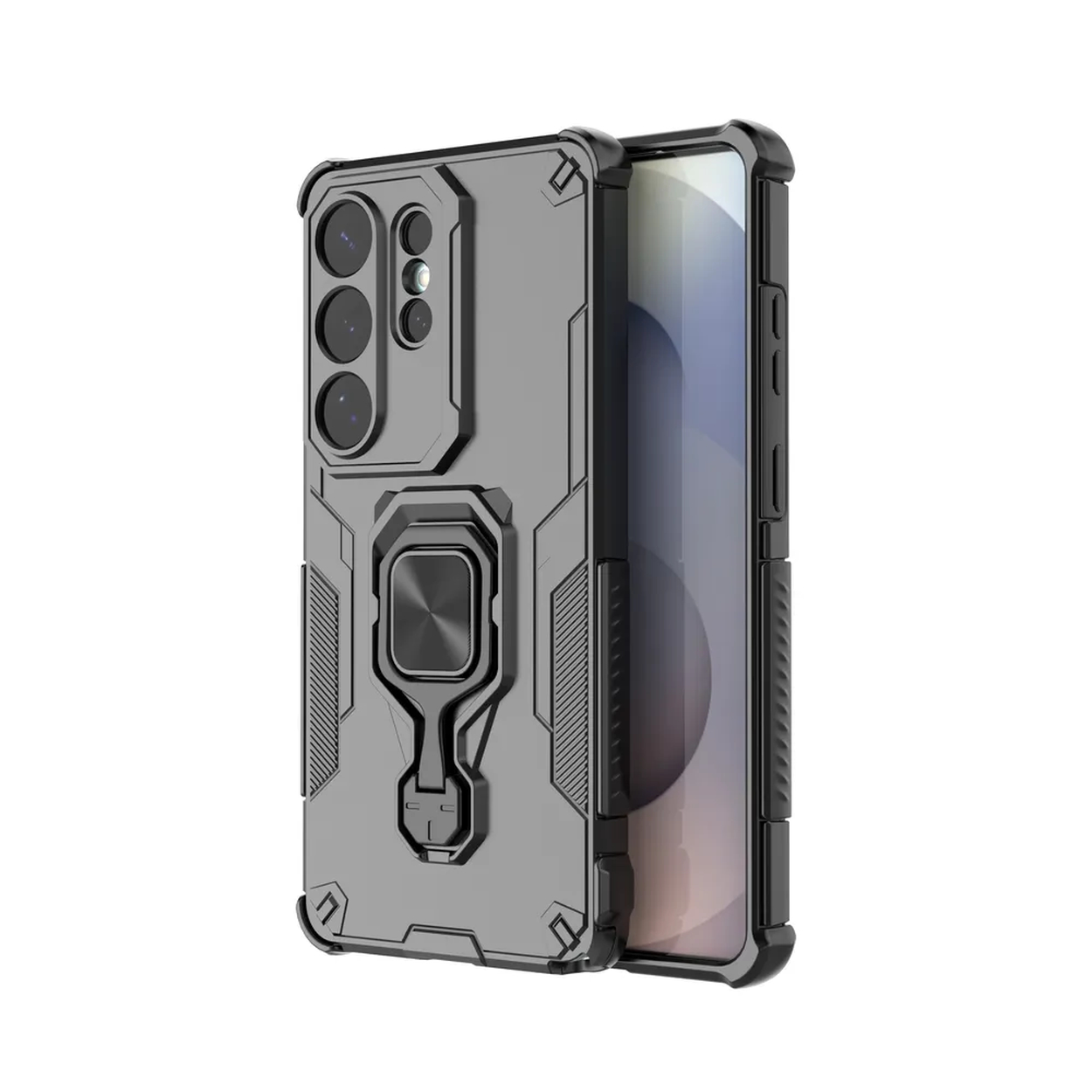 Coque de téléphone grise avec support anneau et bloc caméra.