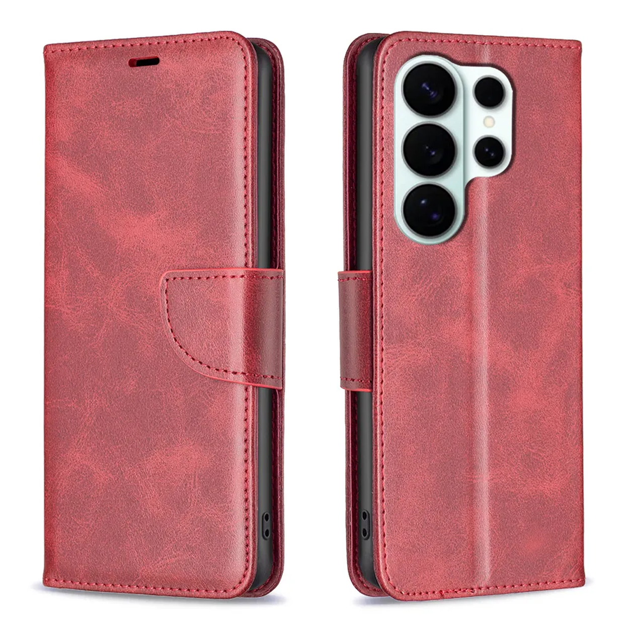 Étui rouge pour téléphone à rabat avec découpe caméra. Montré fermé et ouvert.