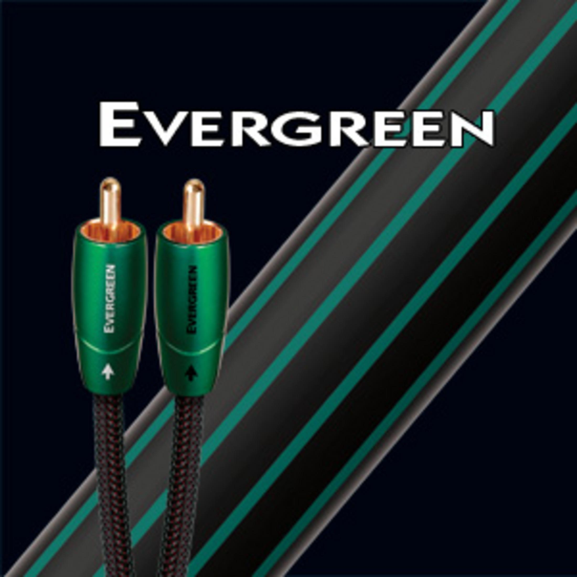 EVERGREEN yazılı, altın uçlu iki yeşil RCA fişi, karanlık arka planda.