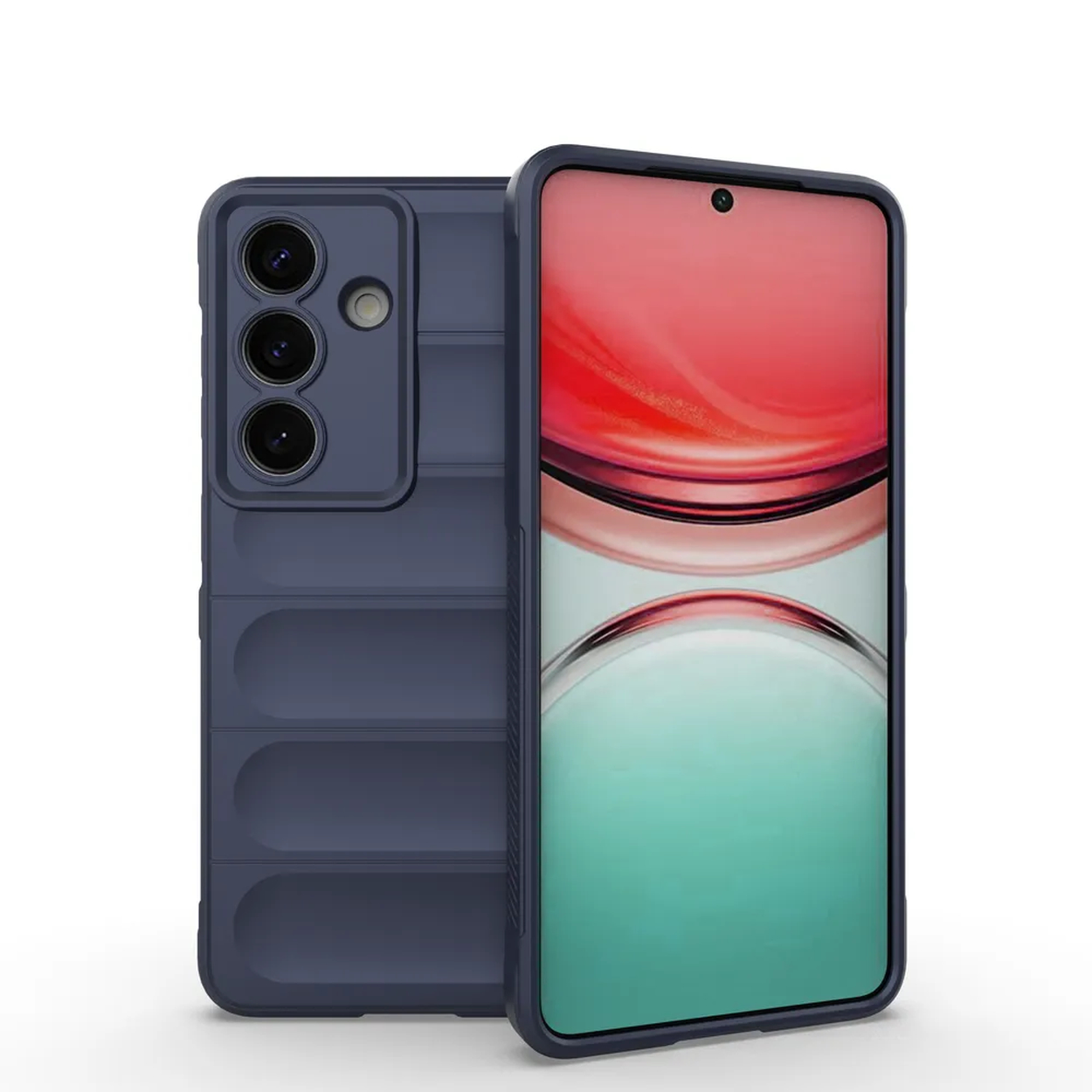 Donkerblauwe telefoonhoes met camera's en scherm.
