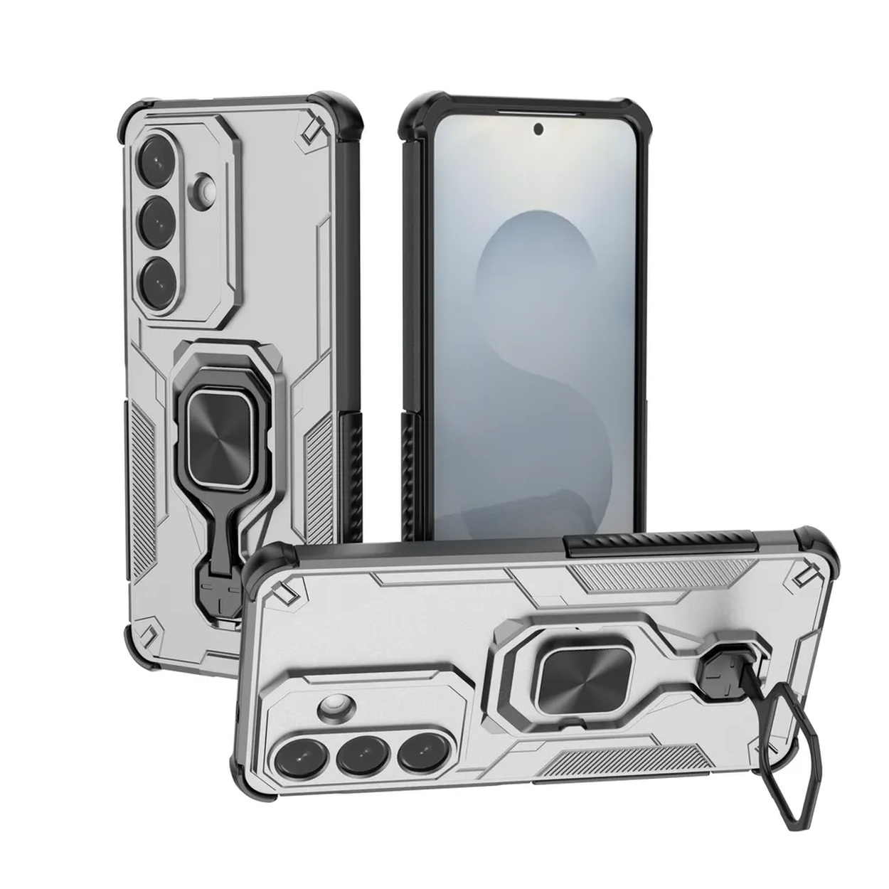 Zilveren telefoonhoes met ringhouder en drie cameralenzen.