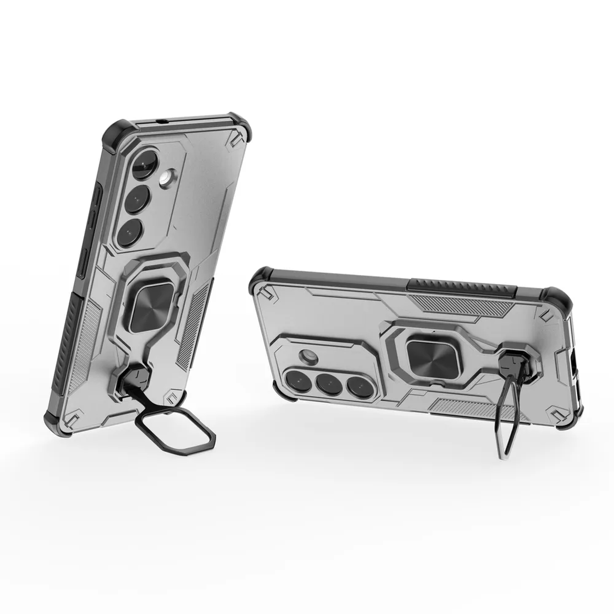 Twee zilveren telefoonhoesjes met ringhouder, weergegeven op witte achtergrond.