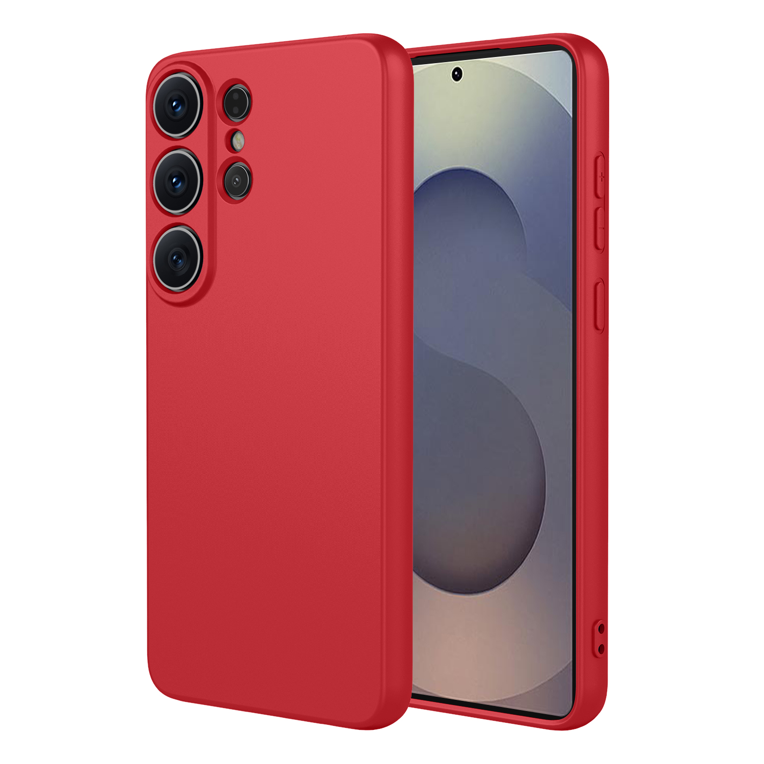 Rode telefoonhoes met drie cameralenzen en een smartphone-scherm.
