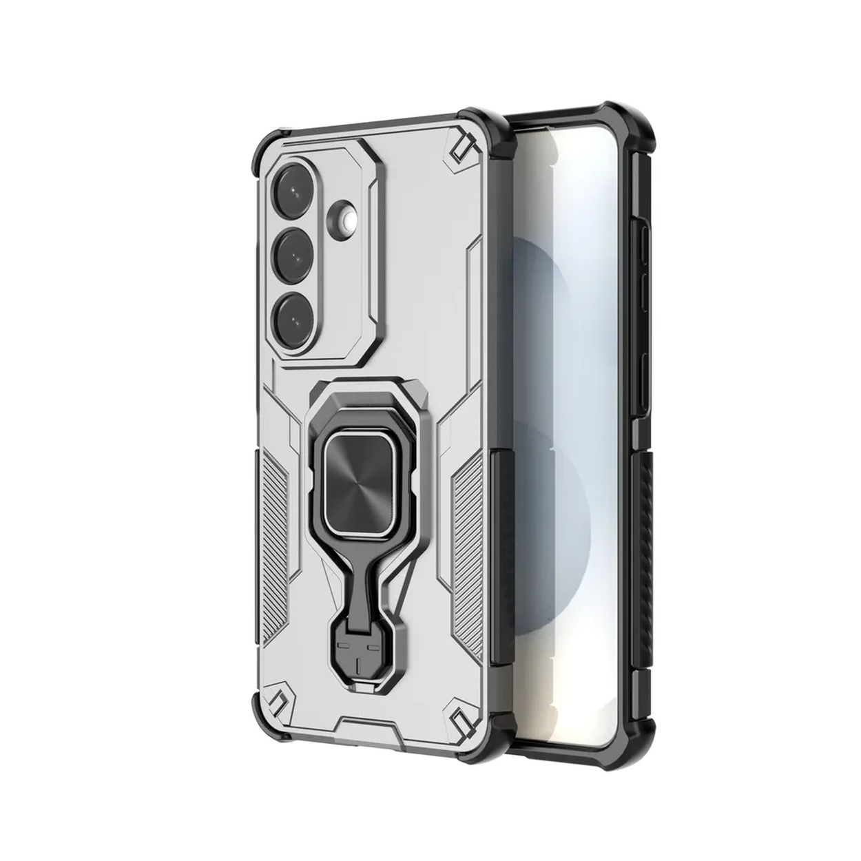 Zilveren telefoonhoesje met ringhouder en drievoudige camera-uitsparing.