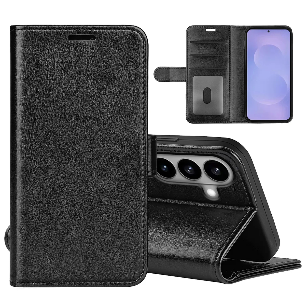 Étui portefeuille en cuir noir pour téléphone avec fentes pour cartes.