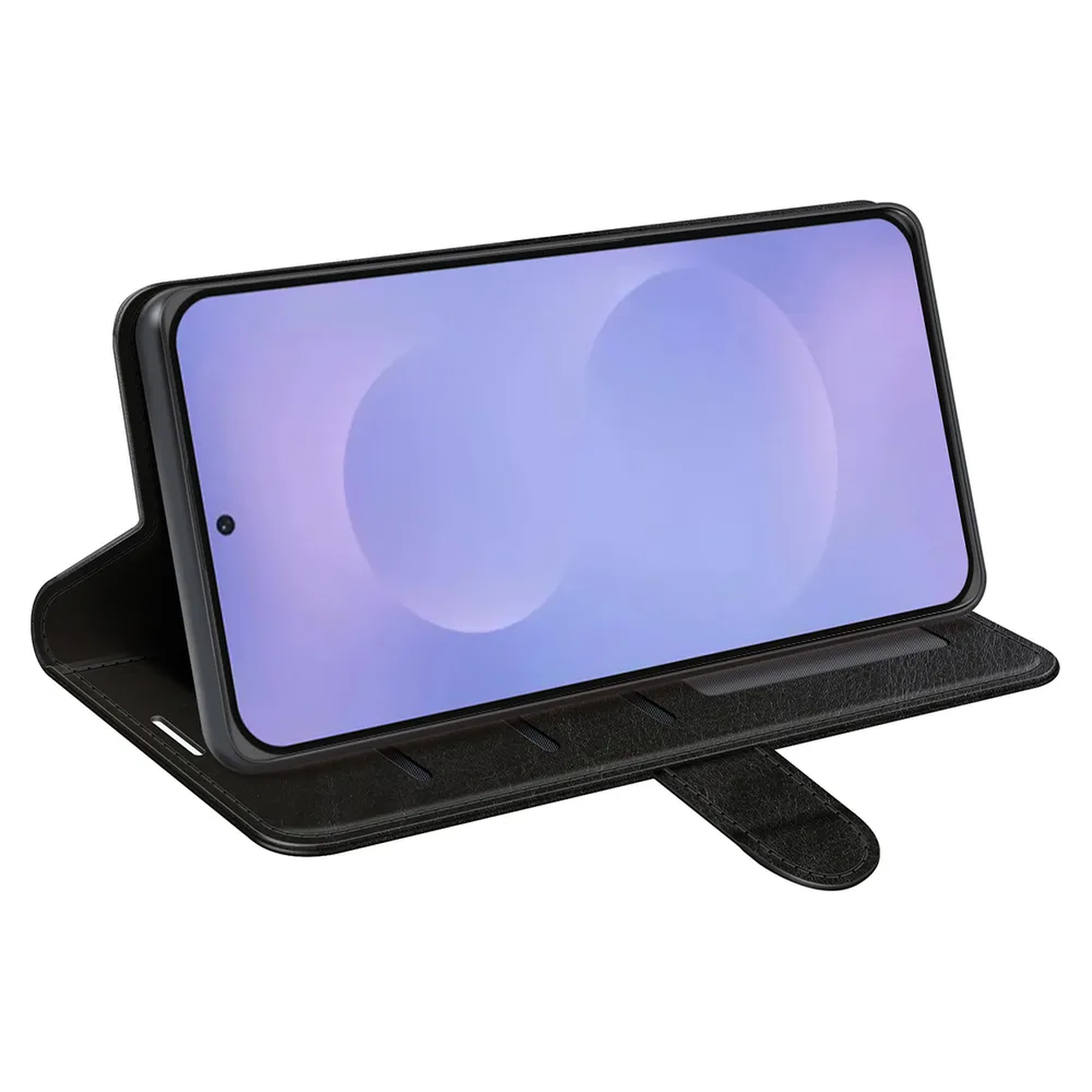 Un étui à rabat noir en cuir tenant un smartphone en mode paysage.