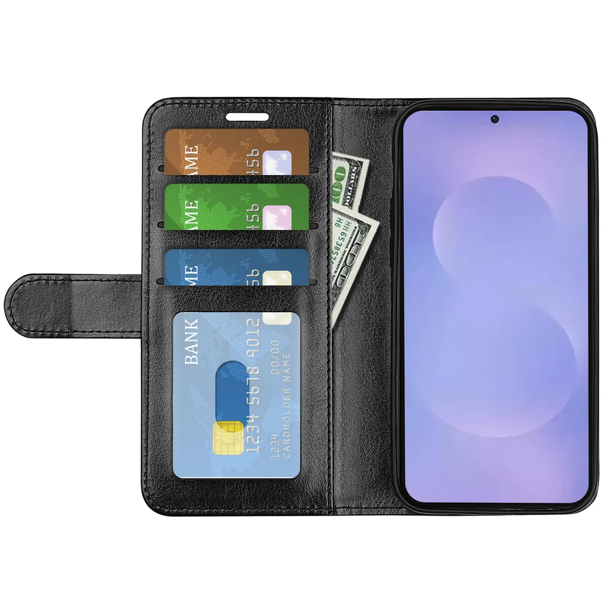 Étui portefeuille noir avec cartes de crédit, argent et téléphone.