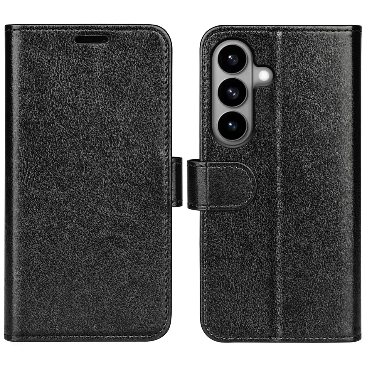 Étui portefeuille en cuir noir avec découpe pour appareil photo et fermeture à sangle.