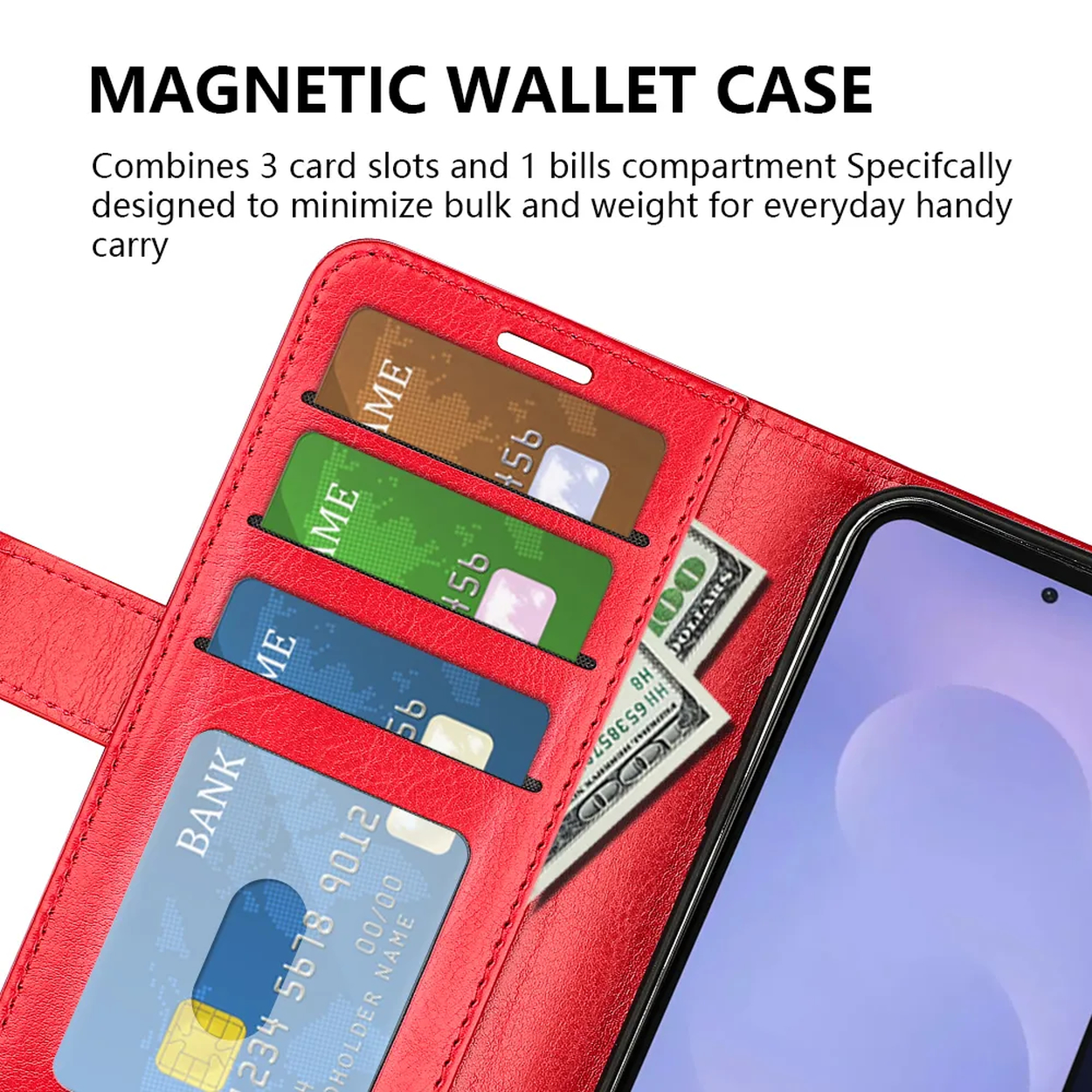Étui portefeuille rouge avec 3 fentes pour cartes, 1 pour billets et un écran de téléphone.