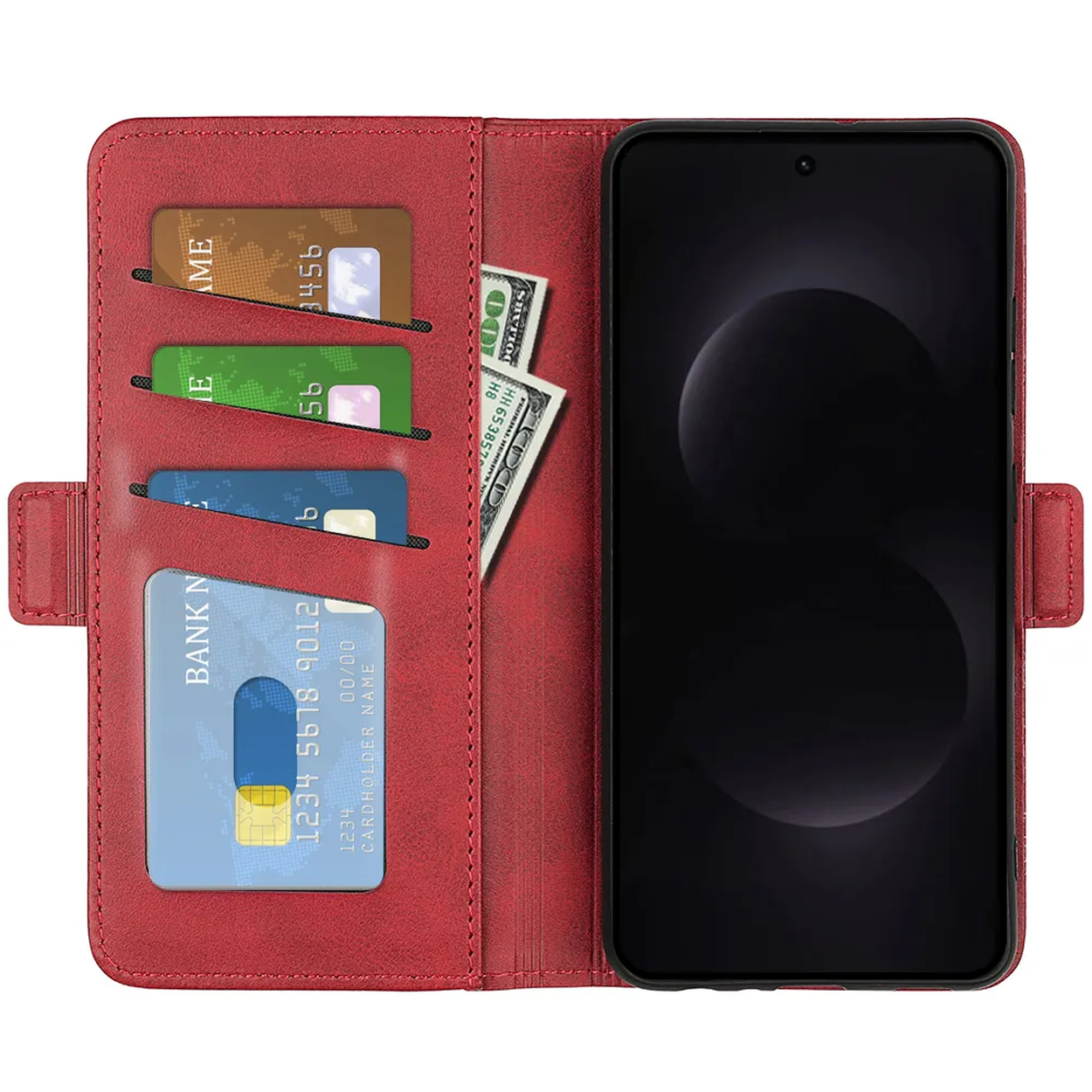 Rode portemonneehoes met creditcards en Amerikaanse dollarbiljetten, toont een smartphone.