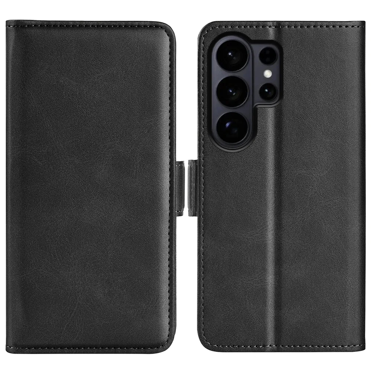 Étui à rabat en cuir noir pour smartphone avec triple appareil photo.