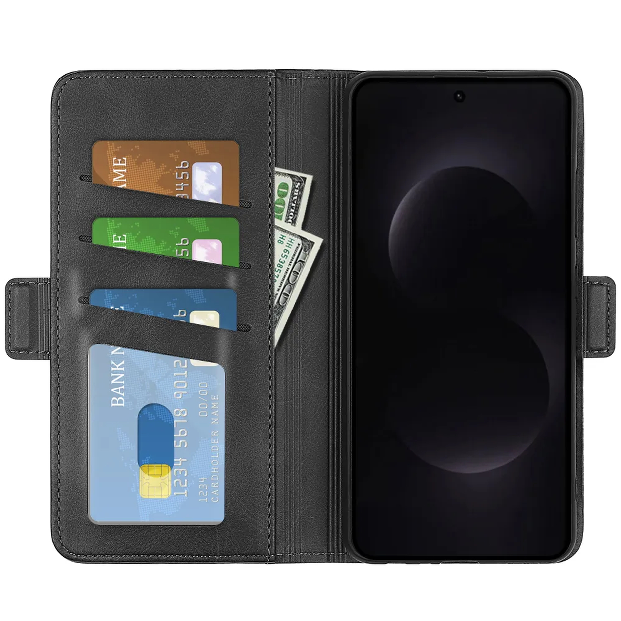 Étui portefeuille noir pour téléphone avec fentes pour cartes et argent.