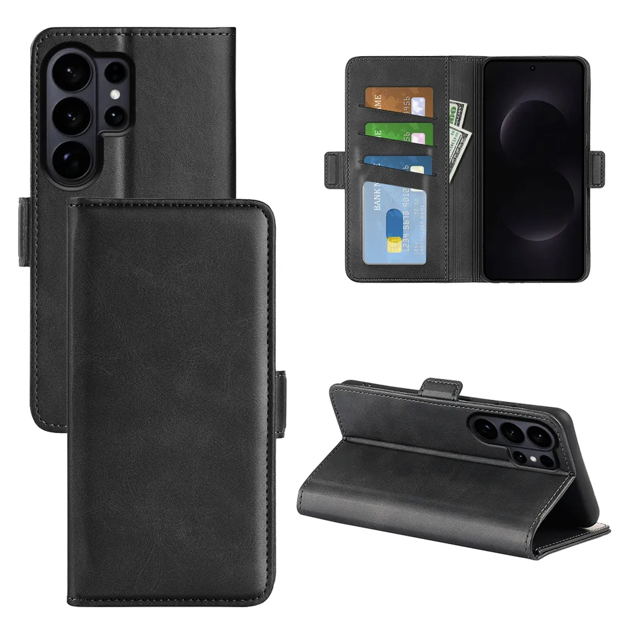 Étui portefeuille noir pour téléphone avec fentes pour cartes et support, vues arrière et ouvertes.