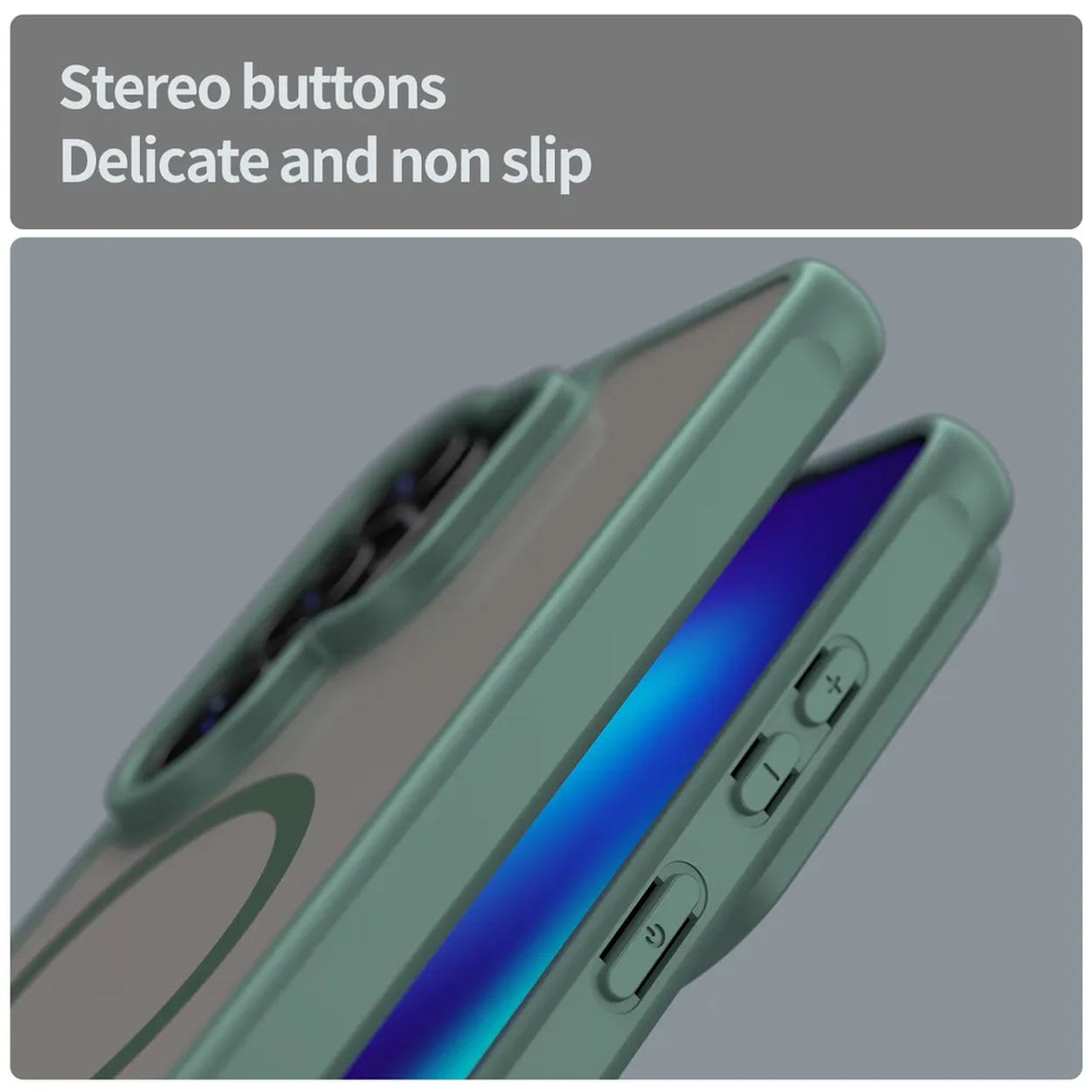 Grüne Handyhülle mit Stereo-Tasten und einem Ausschnitt für das Display.