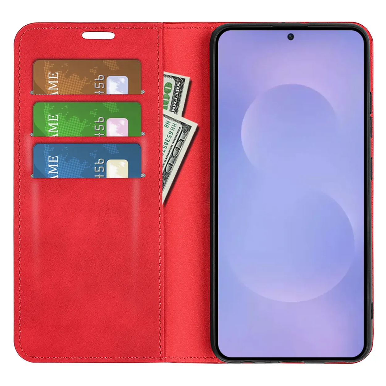 Étui de téléphone rouge avec trois fentes pour cartes et billets.