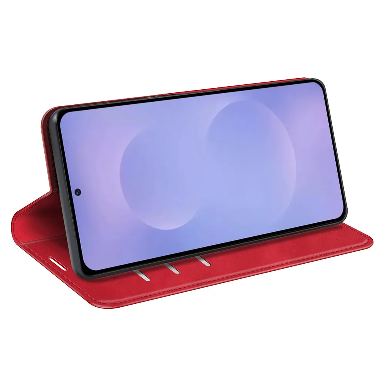 Un étui de téléphone rouge est ouvert, tenant un smartphone à écran violet.