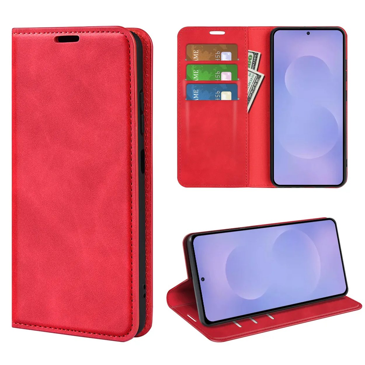 Étui de téléphone rouge avec fentes pour cartes et argent.