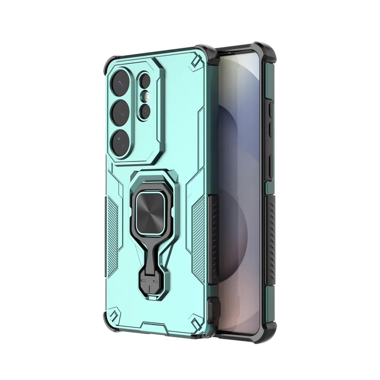 Coque de téléphone turquoise avec support anneau et insert caméra. Fond blanc.