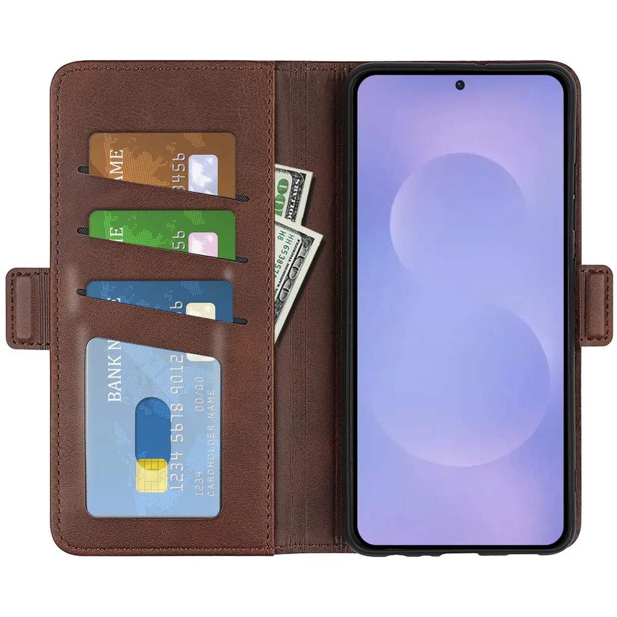 Bruine portemonnee met creditcards, bankbiljetten en een smartphone.