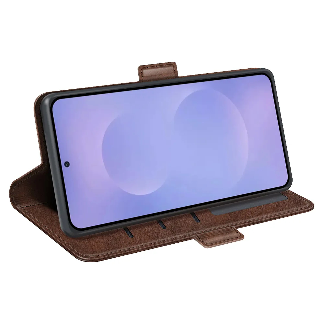 Bruine leren telefoonhoes horizontaal staand.