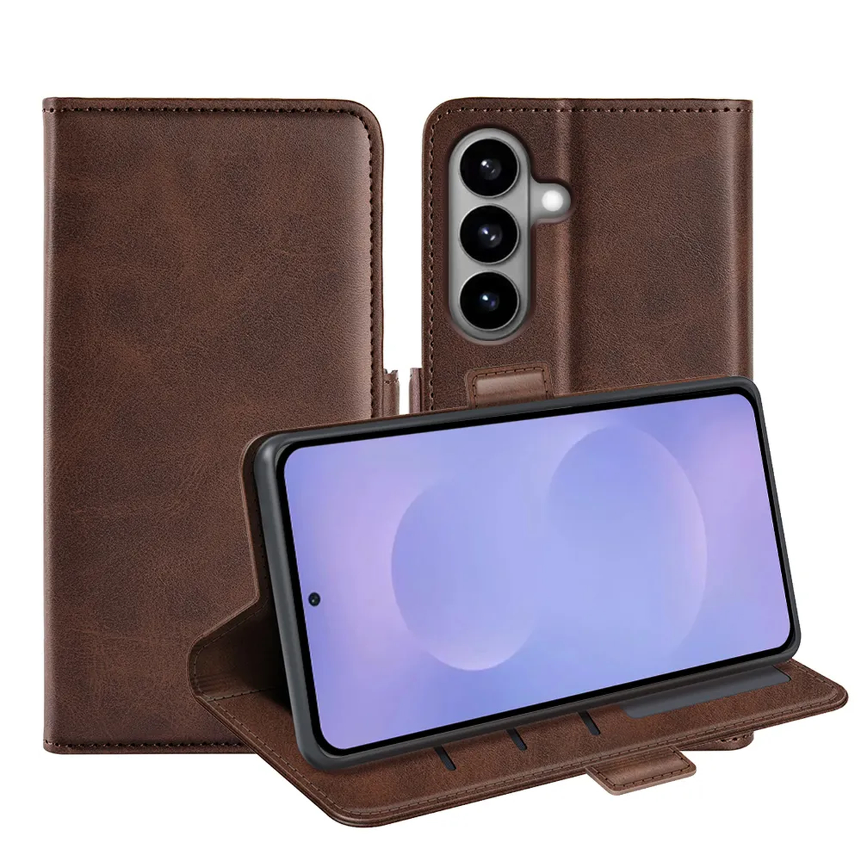 Bruine lederen telefoonhoes met open fliphoes en telefoon.