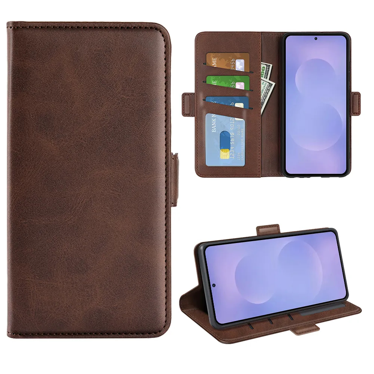 Bruine telefoonhoes met kaartsleuven en bankbiljet. Open met telefoon erin.