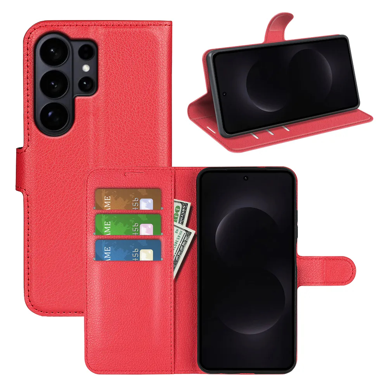 Rood leren flipcase met telefoon, kaartsleuven en geld.