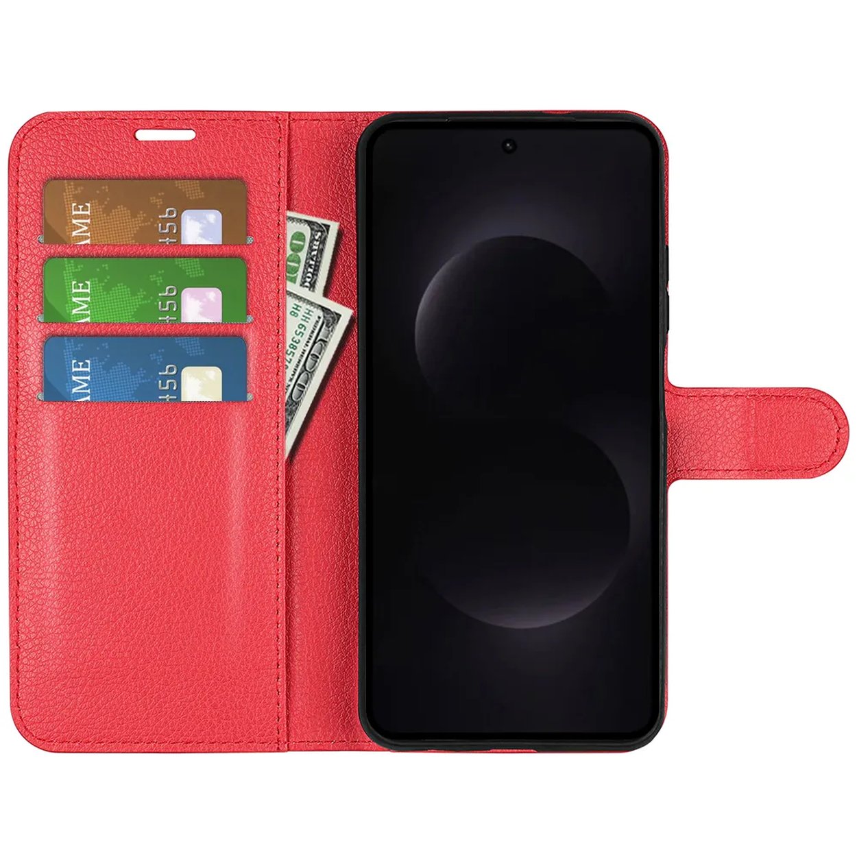 Rood telefoonhoesje met kaartsleuven en geldvak, met drie kaarten en een bankbiljet.