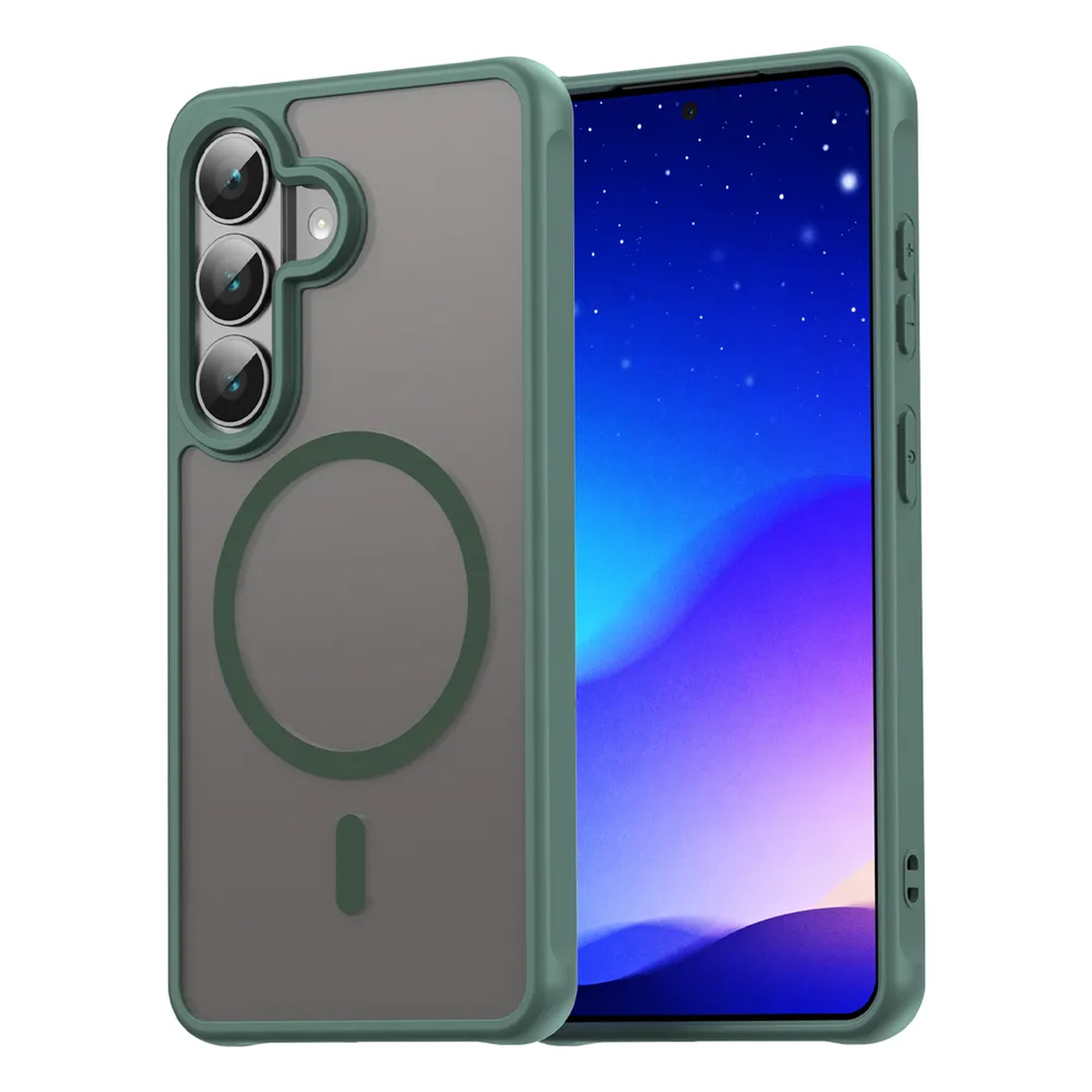 Een groene telefoonhoes met transparante achterkant en drie camera's.