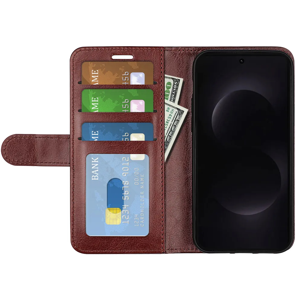 Bruine lederen portemonneehoes met kaartsleuven, bankbiljetten en een telefoon.