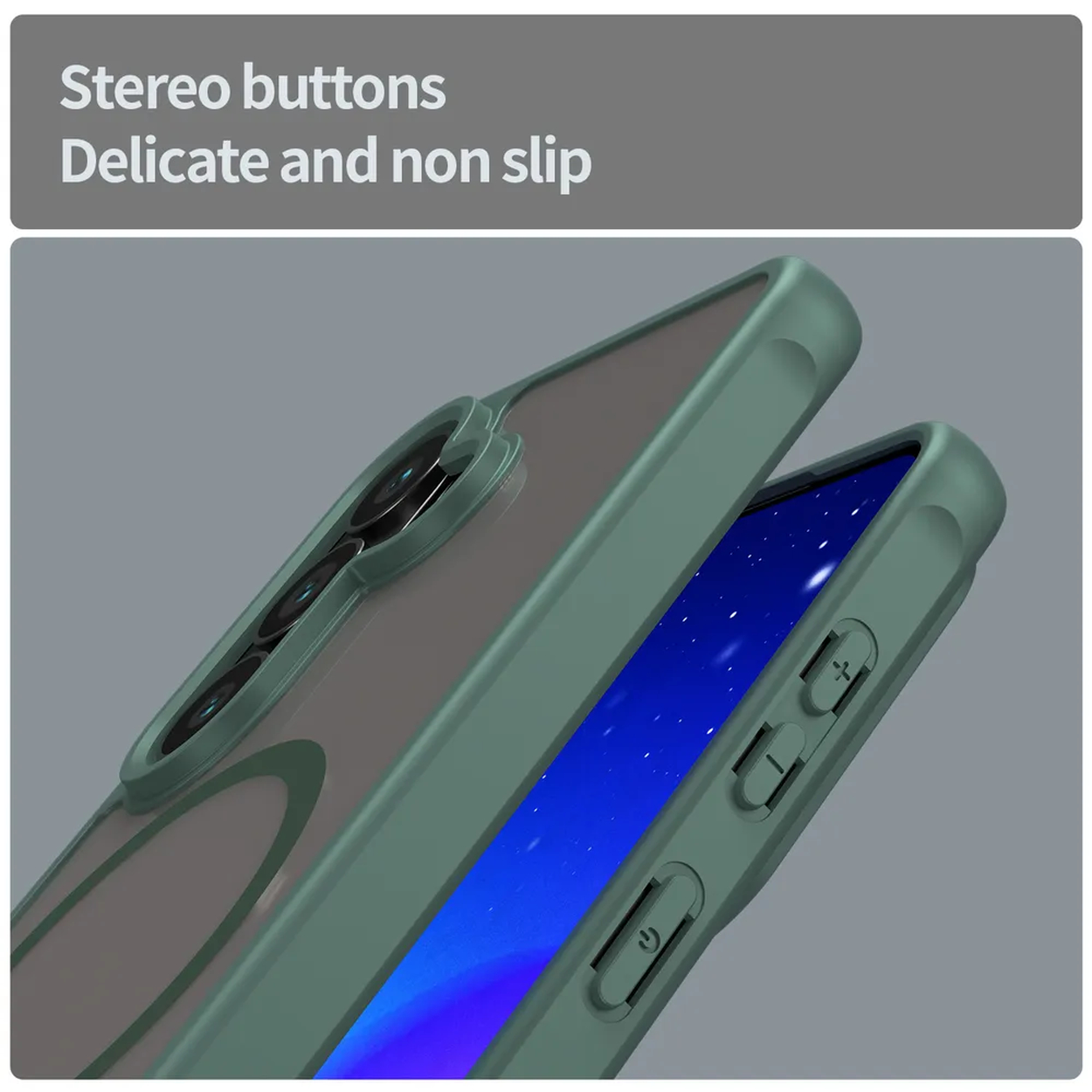 Groene telefoonhoes met camerabescherming en knoppen. Blauw scherm met sterren.