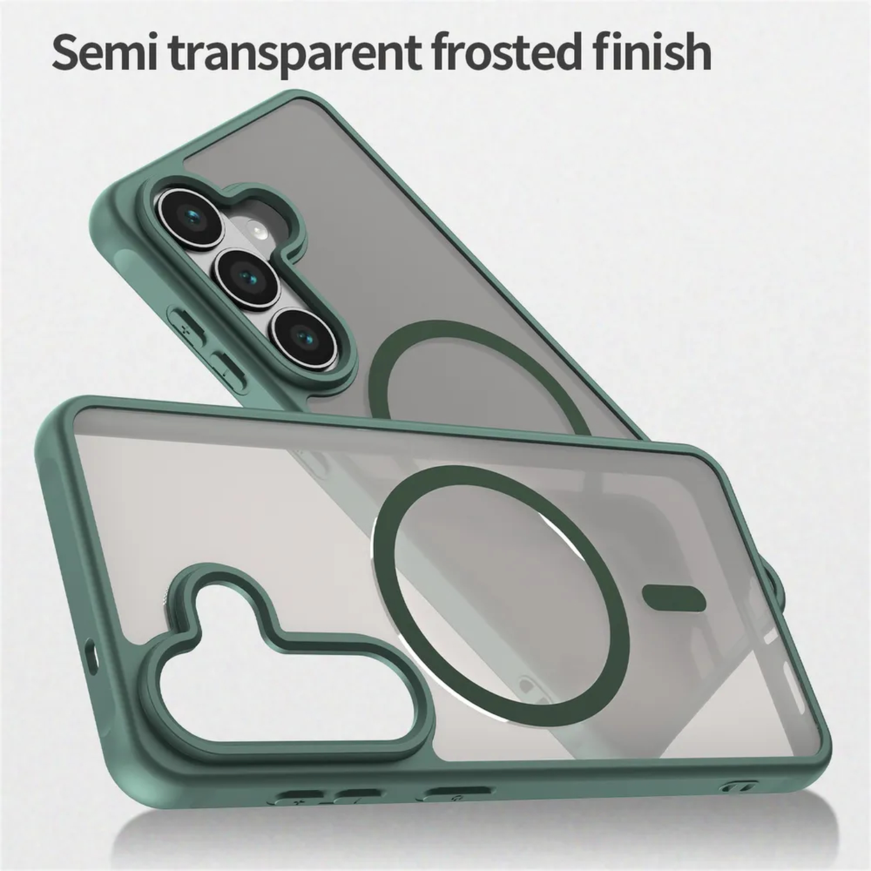 Twee transparante telefoonhoesjes met groene frames, één met camerauitsparing.