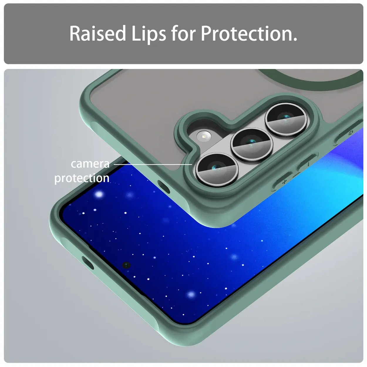 Groene telefoonhoes met verhoogde randen beschermt camera en scherm.