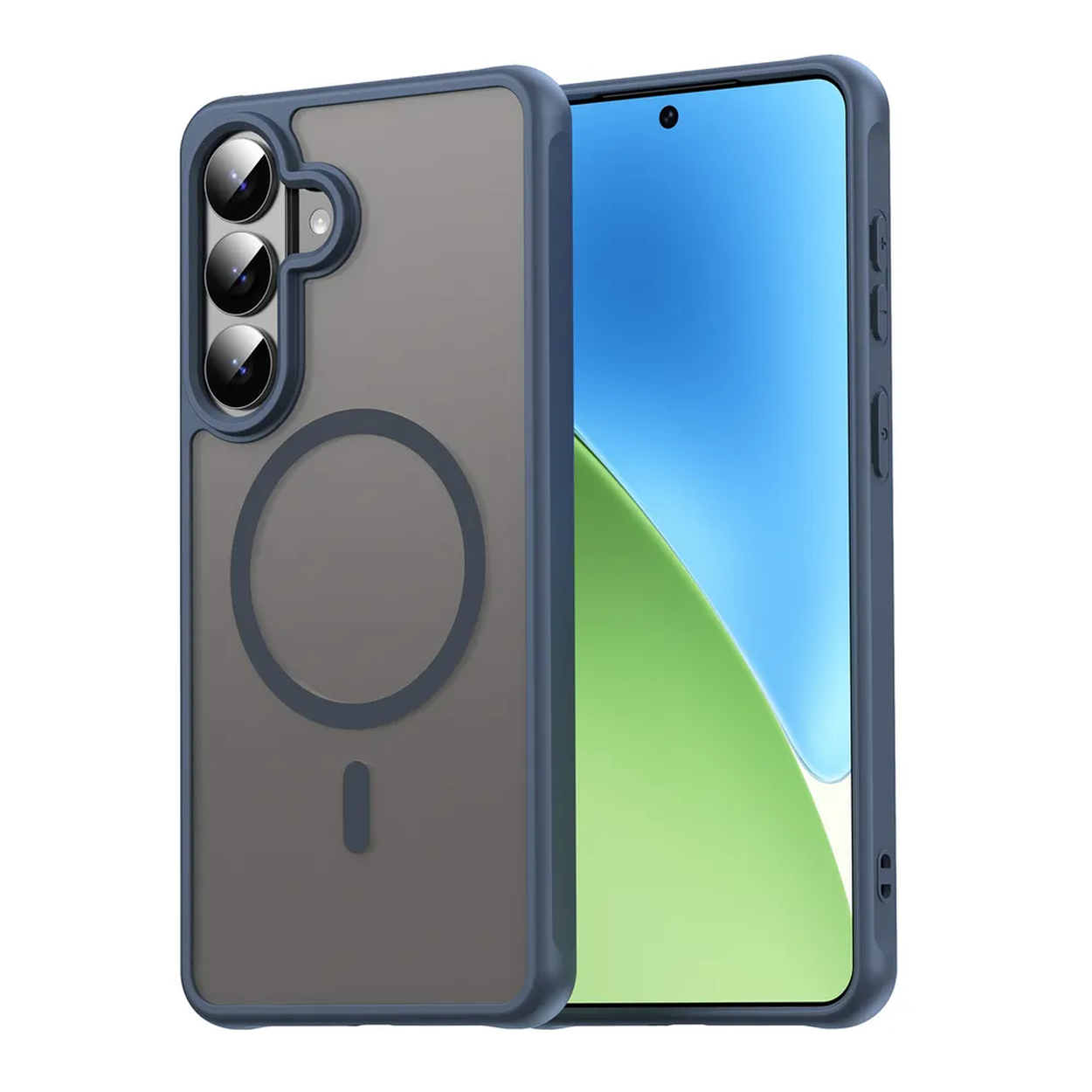 Een telefoon met blauwe rand, transparante achterkant en MagSafe-cirkel.