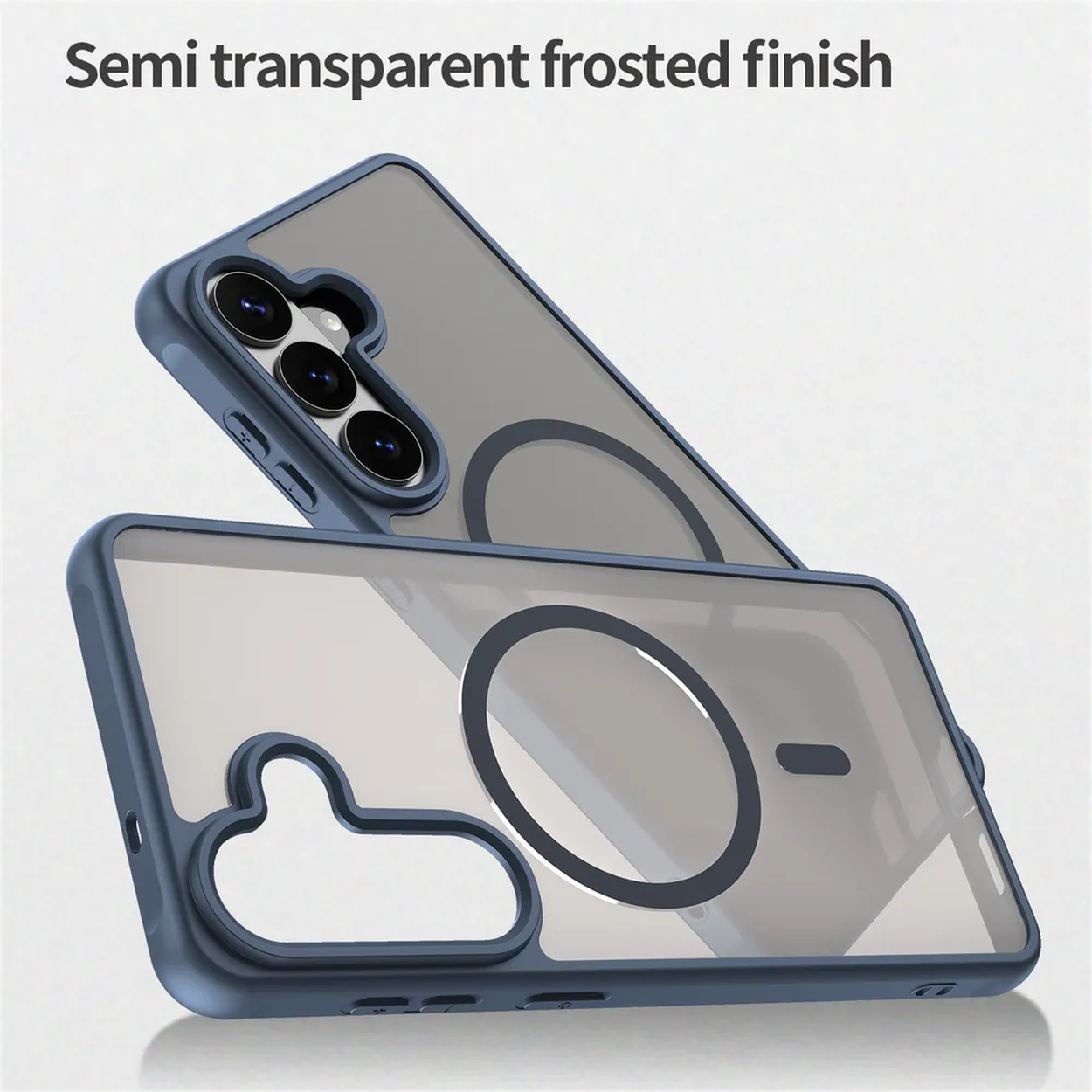Twee semi-transparante telefoonhoesjes met blauwe randen en magnetische ringen.
