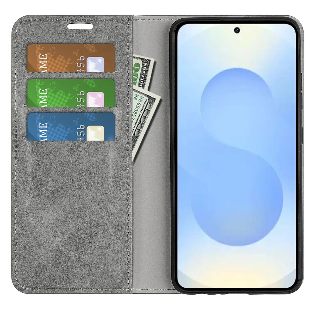 Grijze portemonneehoes met drie creditcards en twee dollarbiljetten.