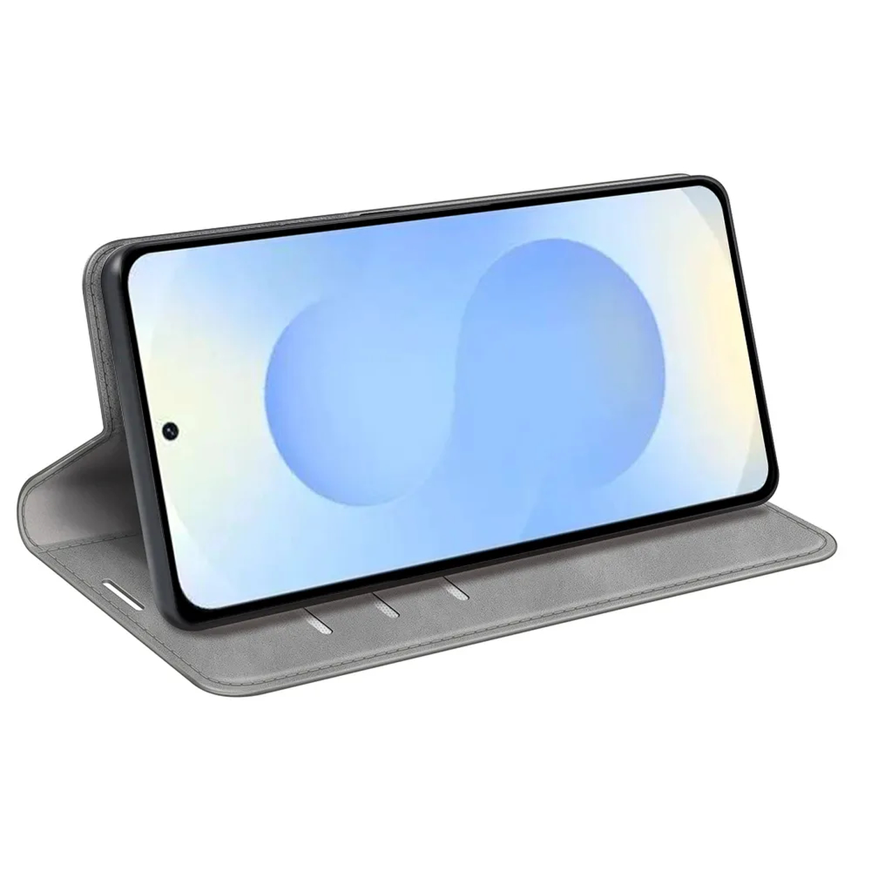 Grijze mobiele telefoon met open klaphoes, staand op witte achtergrond.