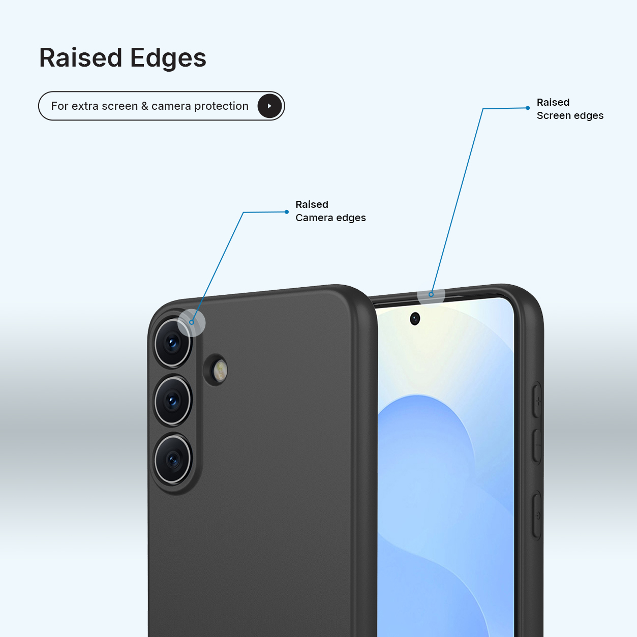 Coque de téléphone noire avec bords surélevés pour protéger caméra et écran.