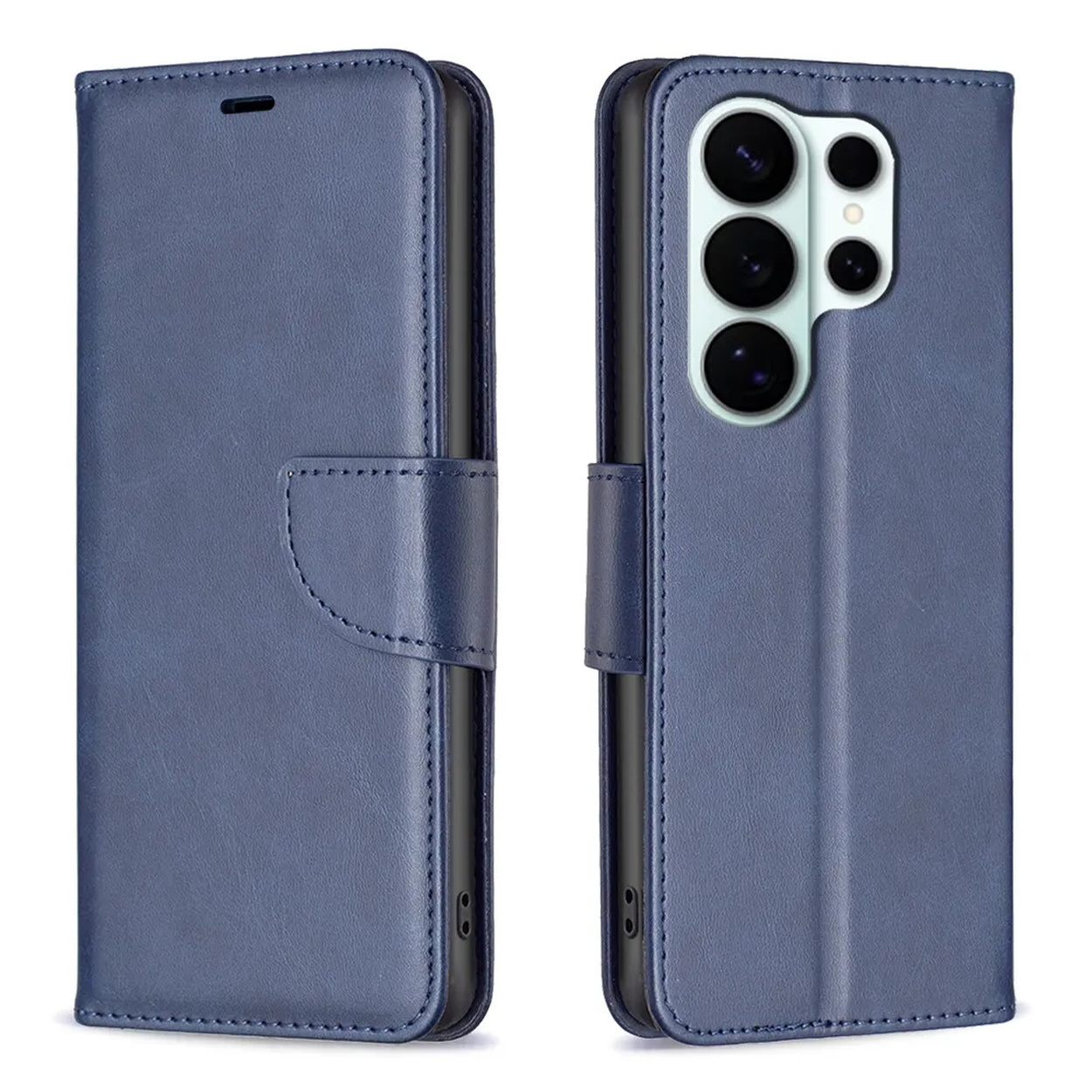 Étui de téléphone en cuir bleu avec découpe caméra. Vues avant et arrière.