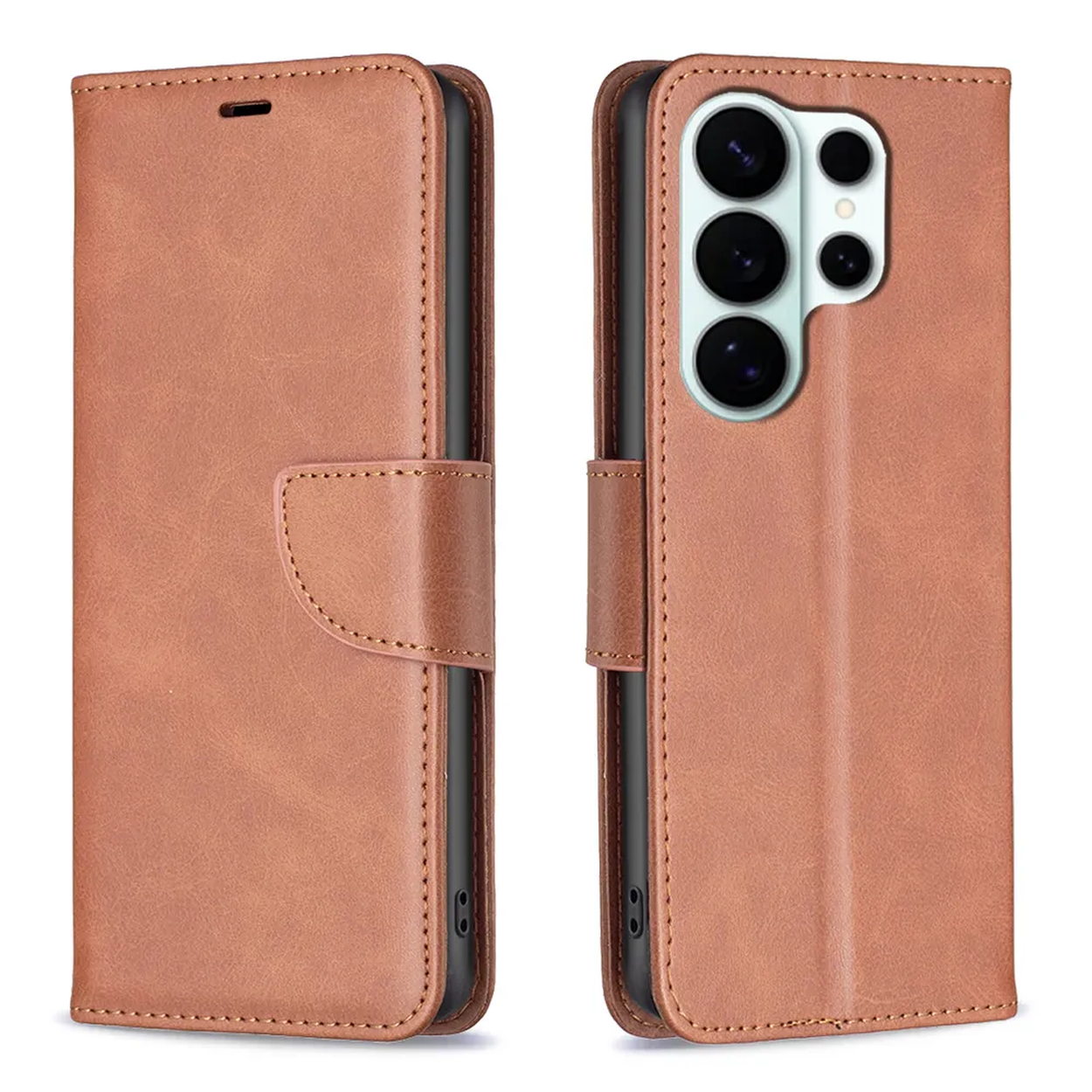Étui de téléphone en cuir marron, ouvert et fermé. Présente des découpes pour appareil photo.