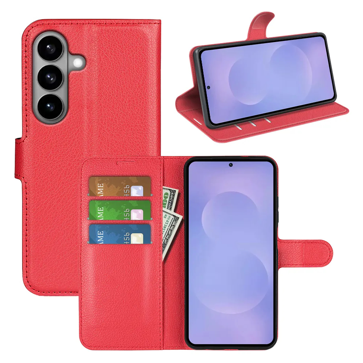 Étui portefeuille rouge en cuir pour téléphone, avec fentes pour cartes et argent.