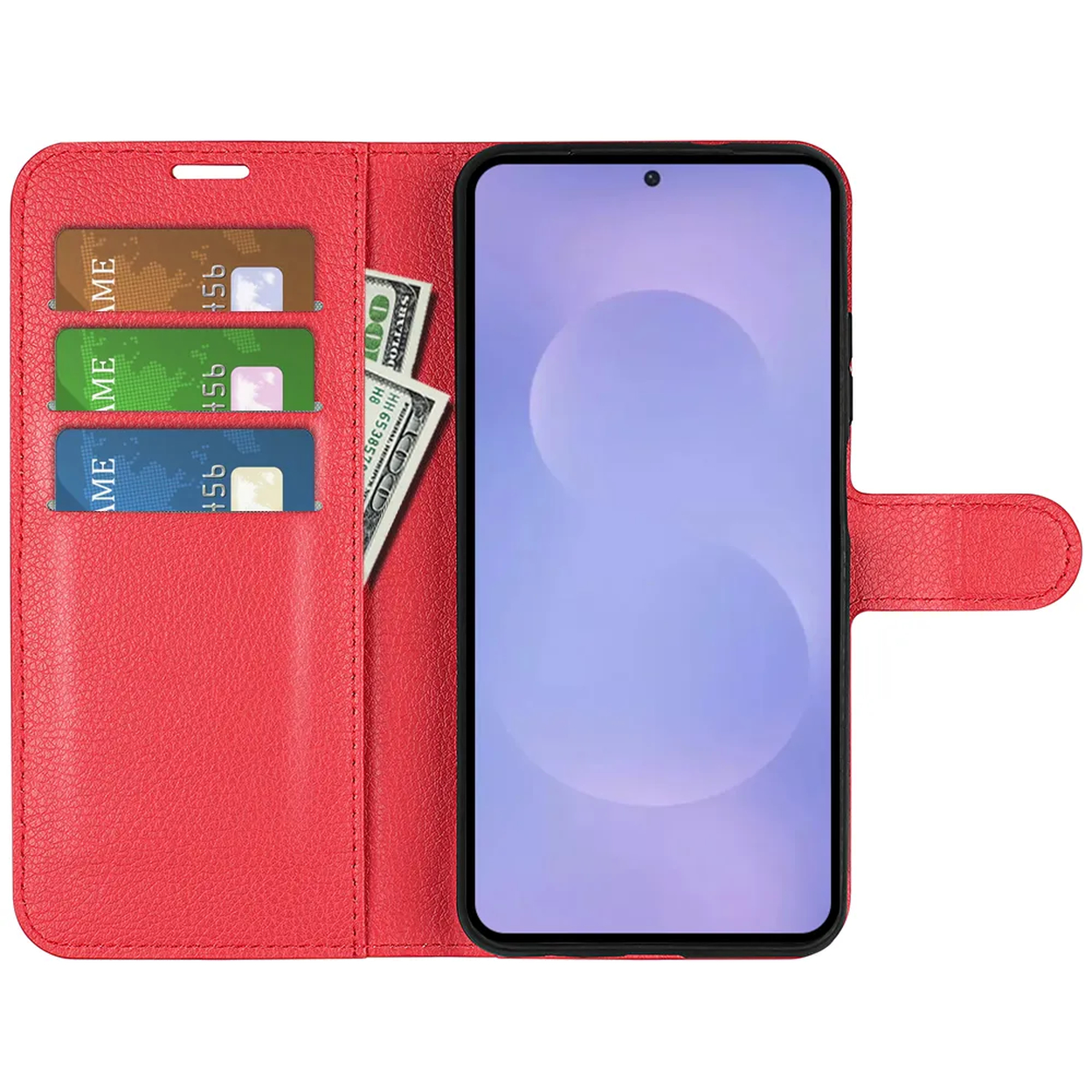 Étui de téléphone rouge avec fentes pour cartes et poche à billets, à côté d'un smartphone.