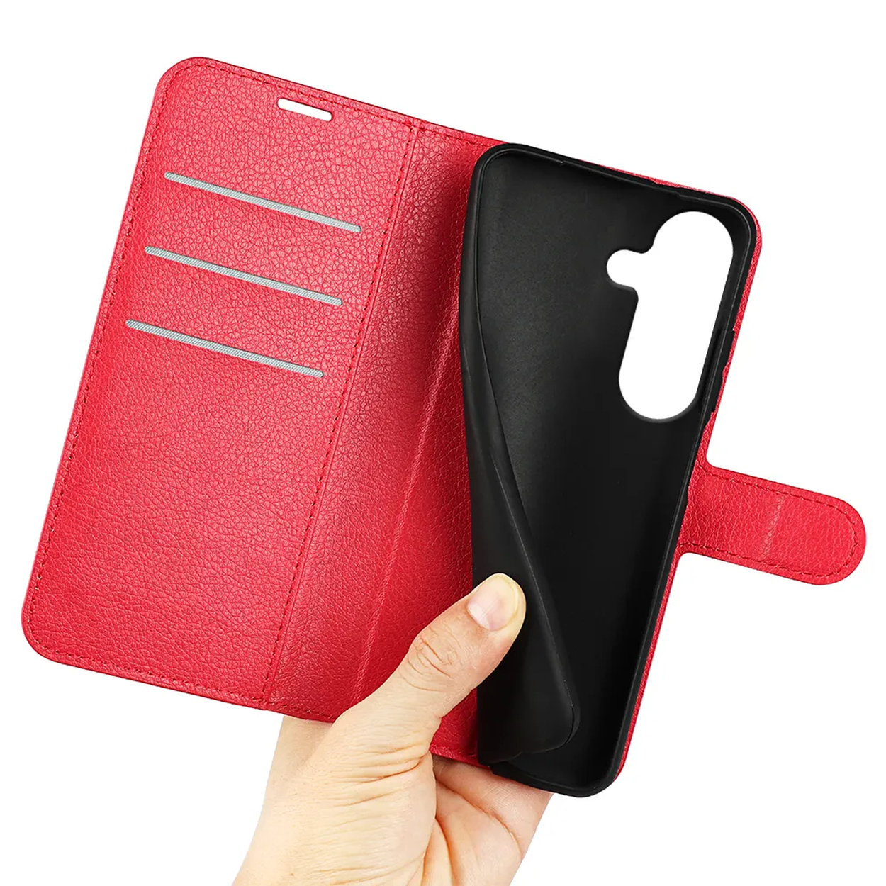 Étui portefeuille rouge pour téléphone avec fentes pour cartes et support noir.