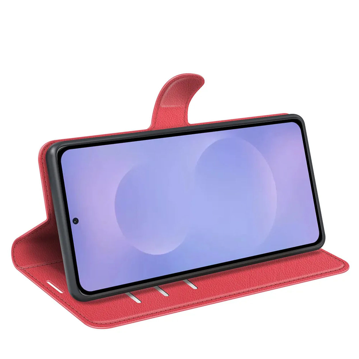 Smartphone rouge dans un étui ouvert sur fond blanc.