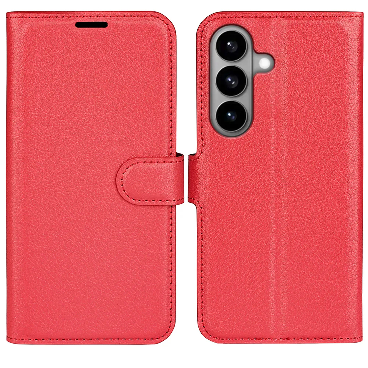 Étui de téléphone rouge à rabat avec découpe caméra au dos. Fermé.