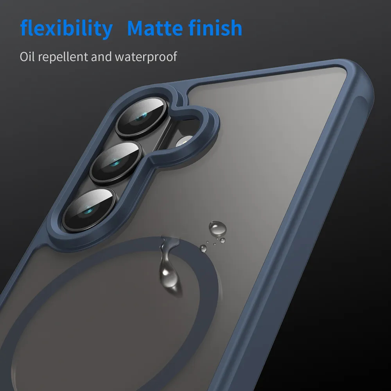 Blauwe telefoonhoes met mat oppervlak, toont waterdruppels. Tekst: flexibiliteit, mat, olie- en waterafstotend.