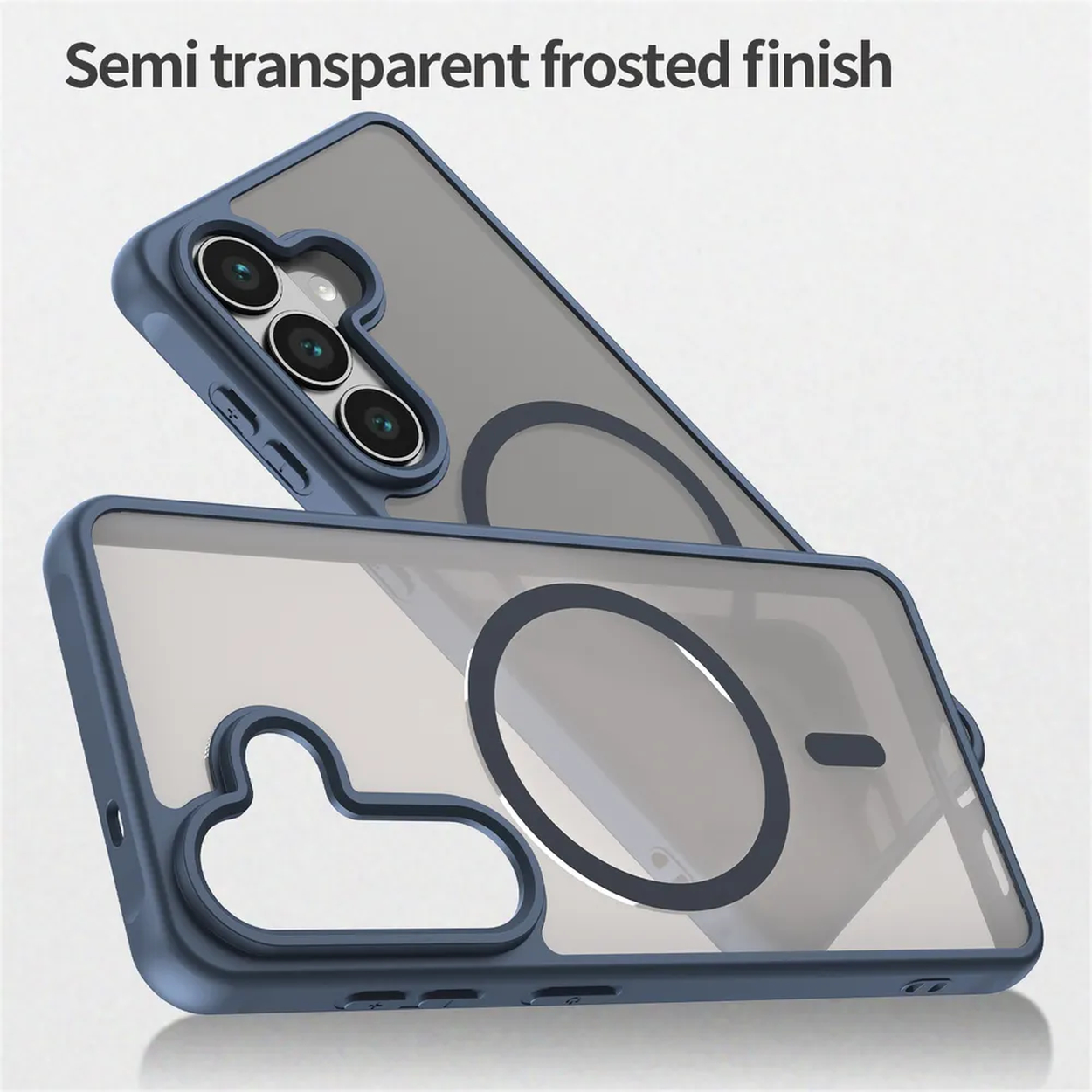 Twee semi-transparante telefoonhoesjes met blauwe randen en camerapanelen.
